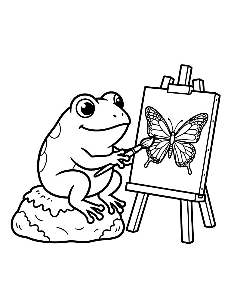 Chubby Green Frog Sitting On A Mossy Stone Painting A Portrait Of A Beautiful Monarch Butterfly On A Tiny Wooden Easel Coloring Page