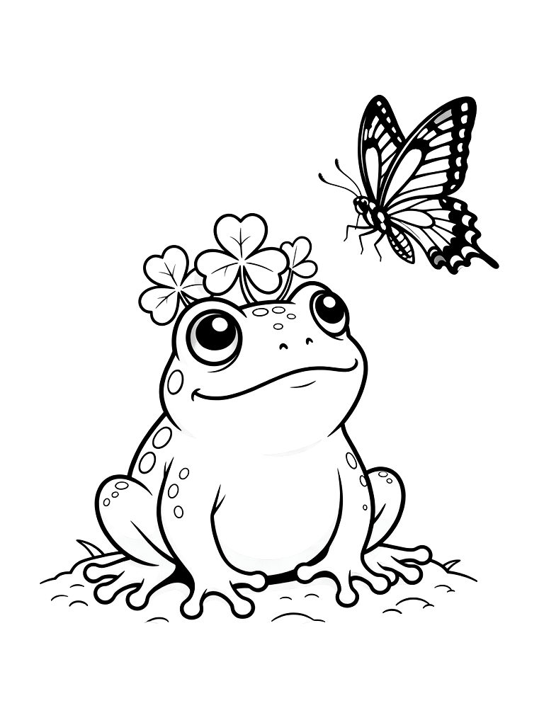 Chubby Rain Frog Wearing A Crown Of Clover Watching A Yellow Swallowtail Butterfly Coloring Page