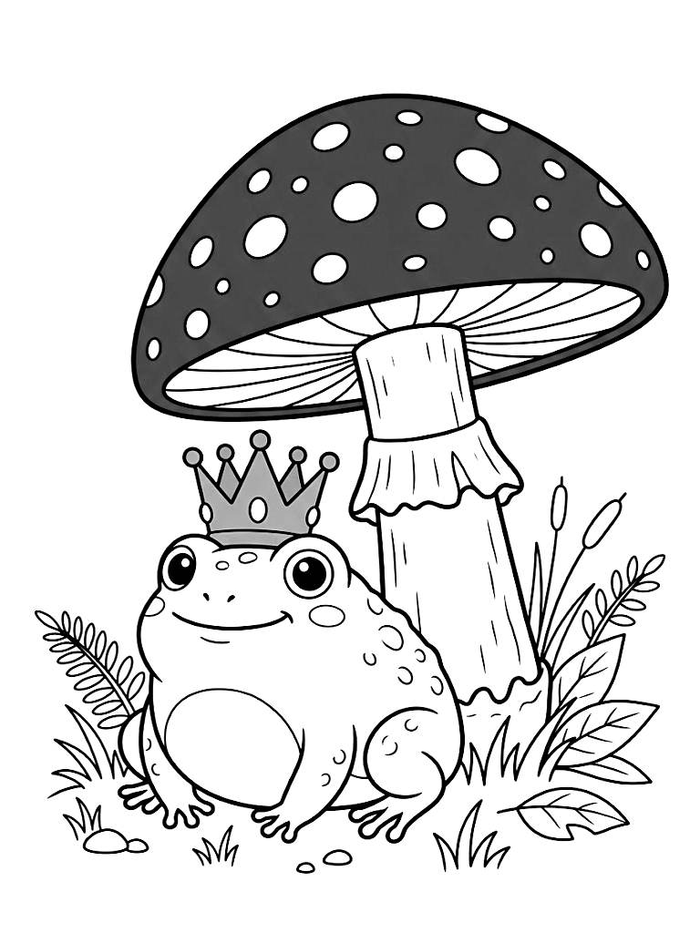 Chubby Rain Frog Wearing A Golden Crown Sitting Beneath The Vibrant Red Cap Of A Giant Amanita Muscaria Mushroom Coloring Page
