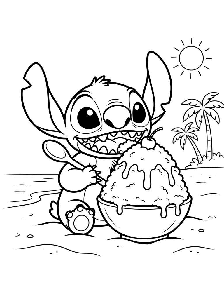 Chubby Stitch Happily Eating A Massive Towering Bowl Of Hawaiian Shaved Ice With A Wooden Spoon On A Sunny Beach Coloring Page