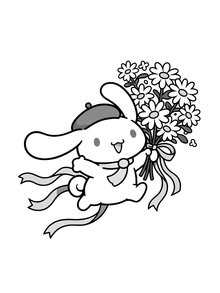 Cinnamoroll Flying With A Bouquet Of Spring Daisies And Blue Ribbons Coloring Page