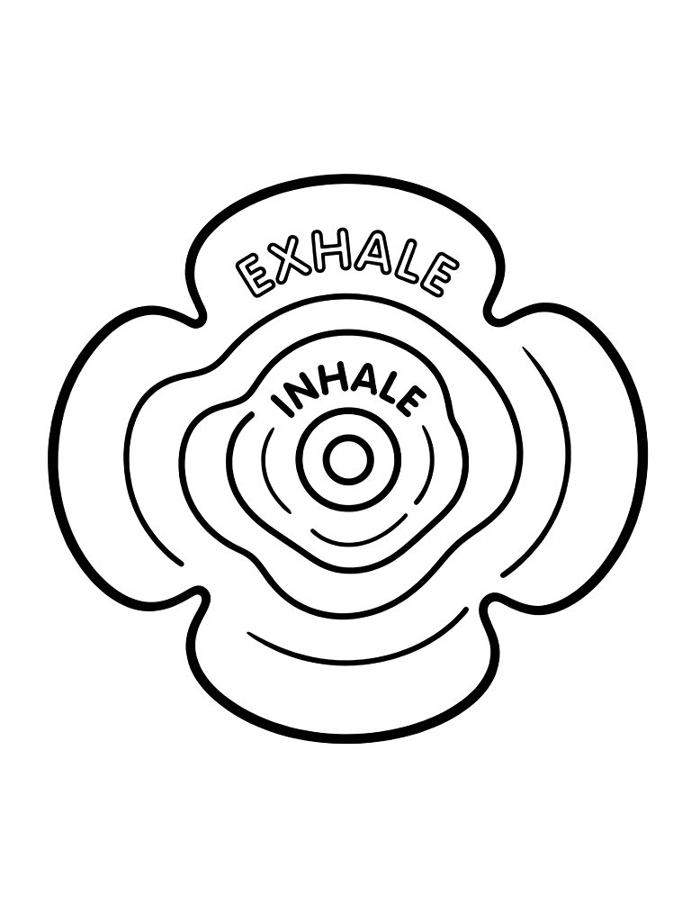 Circular Breathing Guide With An Expanding And Contracting Flower Shape And Inhale And Exhale Prompts Coloring Page