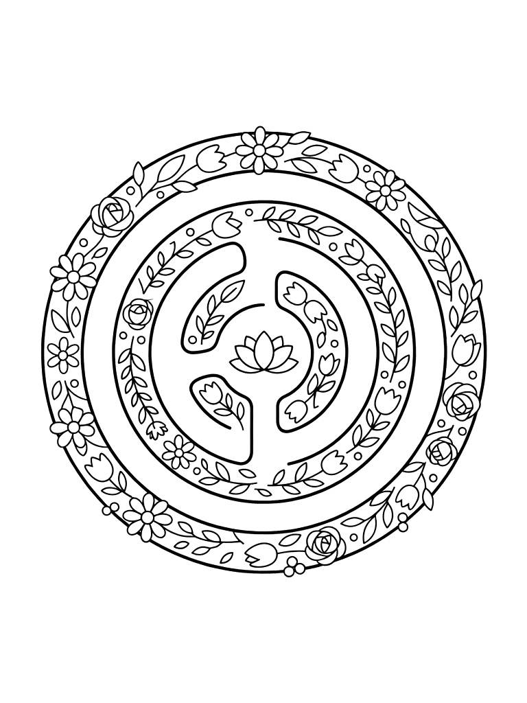 Circular Finger Labyrinth Made Of Soft Floral Patterns To Follow For Mindful Breathing And Relaxation Coloring Page