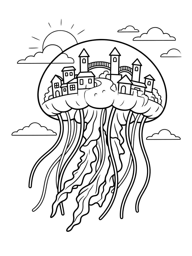 City Built Into The Side Of A Giant Floating Jellyfish In A Sunset Sky Coloring Page