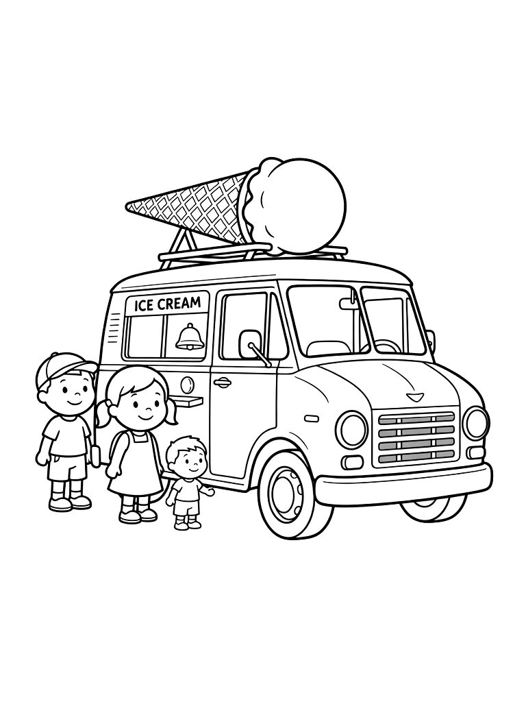 Classic 1950s Style Ice Cream Truck With A Giant Ice Cream Cone On The Roof And Kids Lined Up Coloring Page