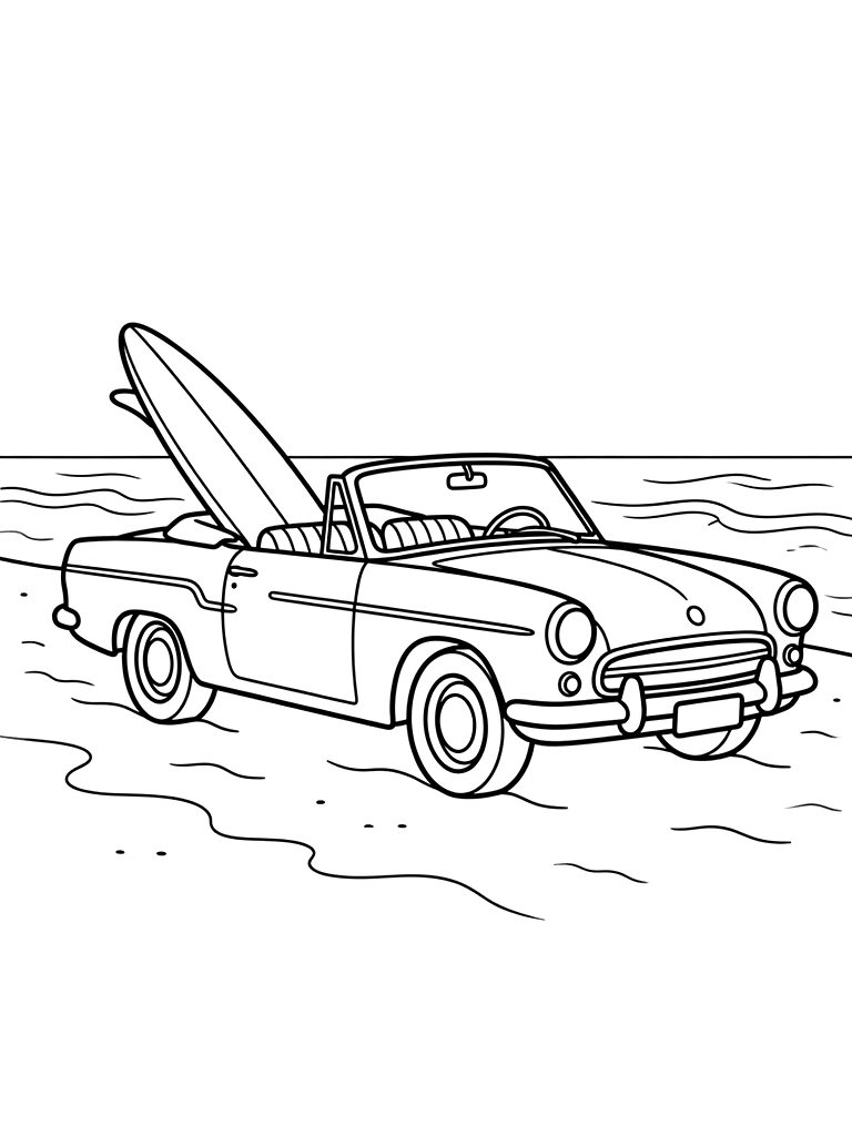 Classic 1960s Convertible Car With A Surfboard In The Back Seat At The Beach Coloring Page