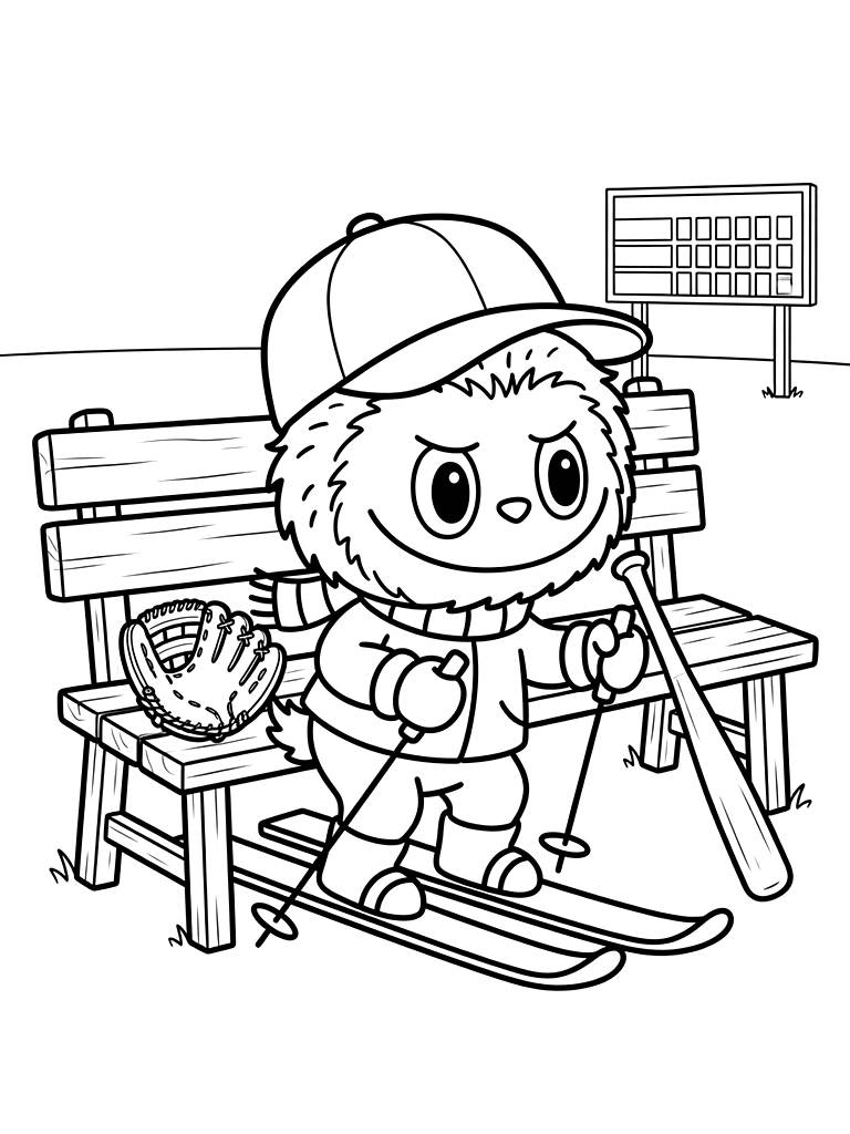 Classic Baseball Cap Resting On A Wooden Dugout Bench Alongside A Leather Glove Coloring Page