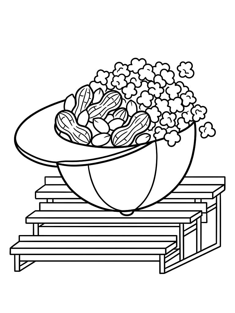 Classic Baseball Cap Turned Upside Down And Overflowing With Peanuts And Popcorn Resting On Stadium Bleachers Coloring Page