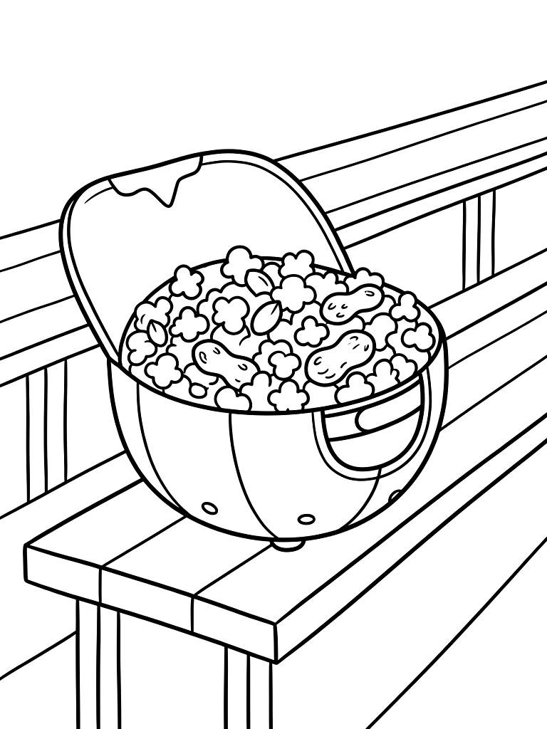 Classic Baseball Cap Turned Upside Down And Overflowing With Peanuts And Popcorn Resting On Stadium Bleachers Coloring Page