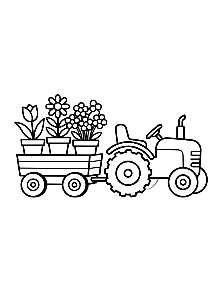 Classic Blue Farm Tractor With Large Wheels Pulling A Wagon Full Of Spring Flower Pots Coloring Page