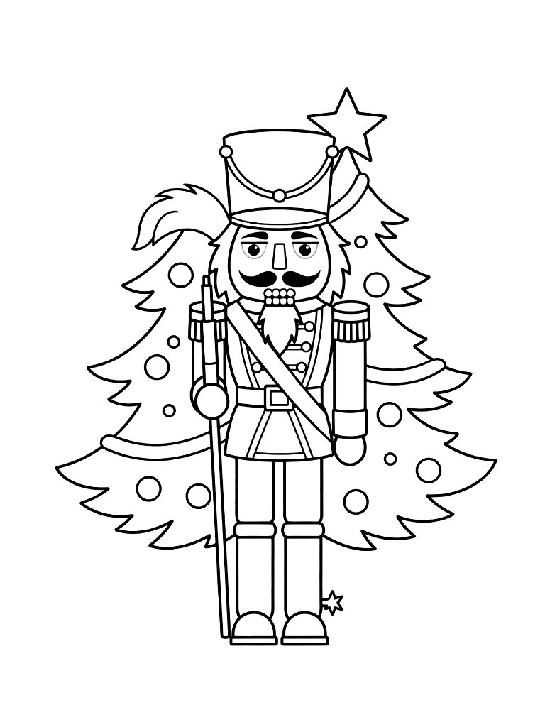 Classic Nutcracker Soldier Standing In Front Of A Christmas Tree Coloring Page