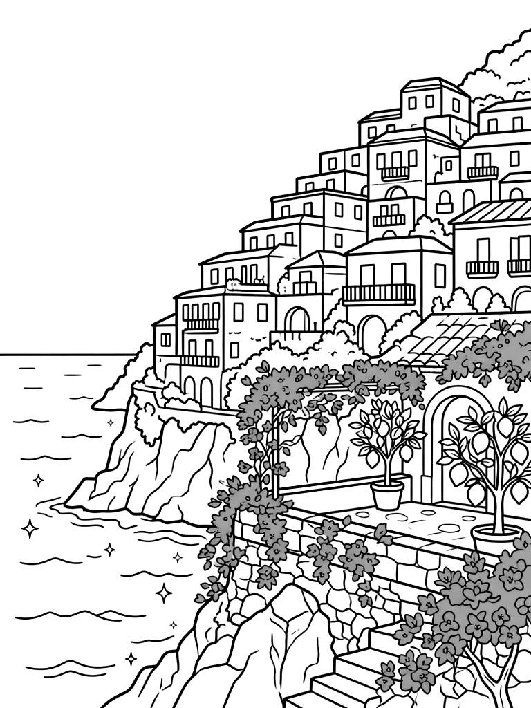 Cliffside Amalfi Coast Village Overlooking The Sparkling Sea With A Terrace Draped In Blooming Pink Bougainvillea And Lemon Trees Coloring Page
