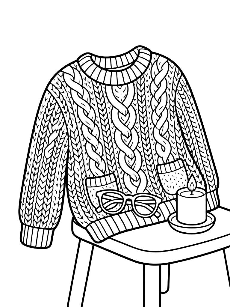 Close-up Of A Chunky Cable-knit Sweater Resting On A Chair With A Pair Of Reading Glasses And A Candle Coloring Page