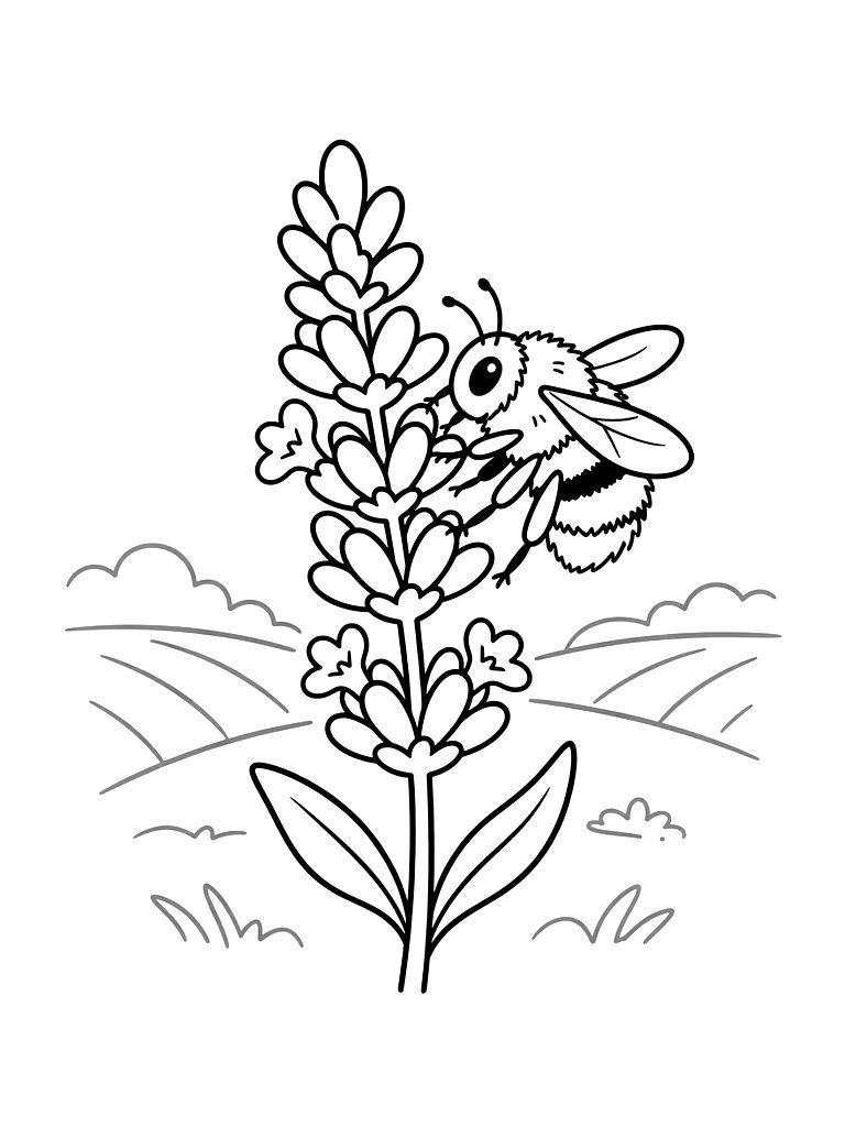 Close-up Of A Lavender Sprig With A Fuzzy Bumblebee Collecting Pollen Against A Background Of Soft Purple Fields Coloring Page