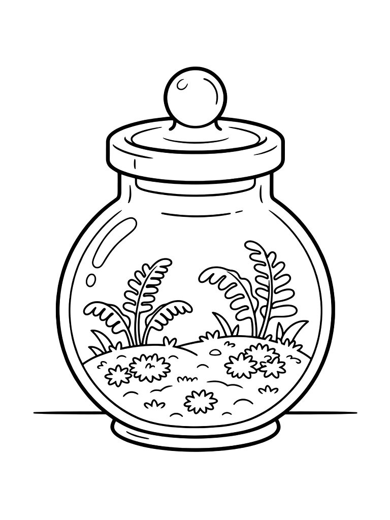 Closed Glass Apothecary Jar Containing A Miniature Forest Floor With Ostrich Ferns And Cushions Of Star Moss Coloring Page