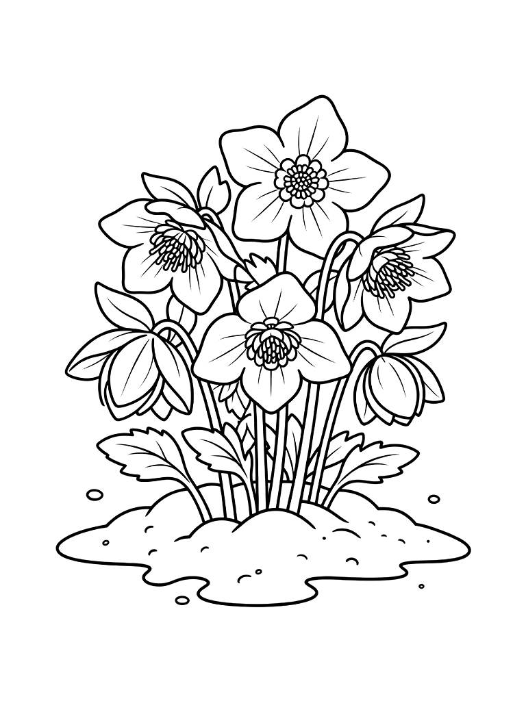 Cluster Of Blooming Hellebores Peeking Through A Dusting Of Spring Snow Coloring Page