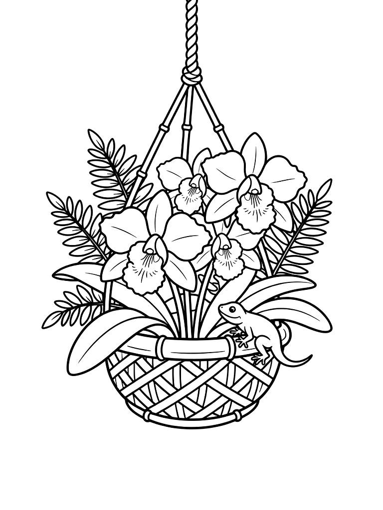 Cluster Of Fragrant Cattleya Orchids In A Bamboo Hanging Basket With Tropical Ferns And A Lizard Coloring Page