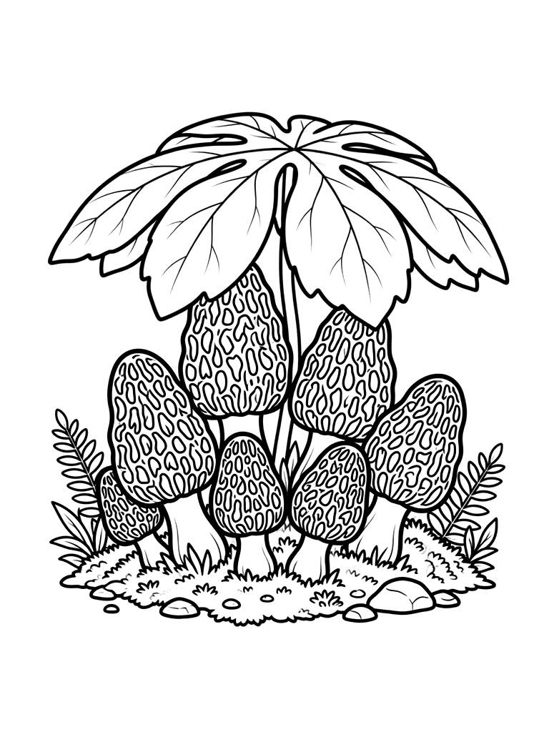 Cluster Of Morel Mushrooms Hidden Under A Large Umbrella-like Mayapple Leaf In A Damp Forest Coloring Page