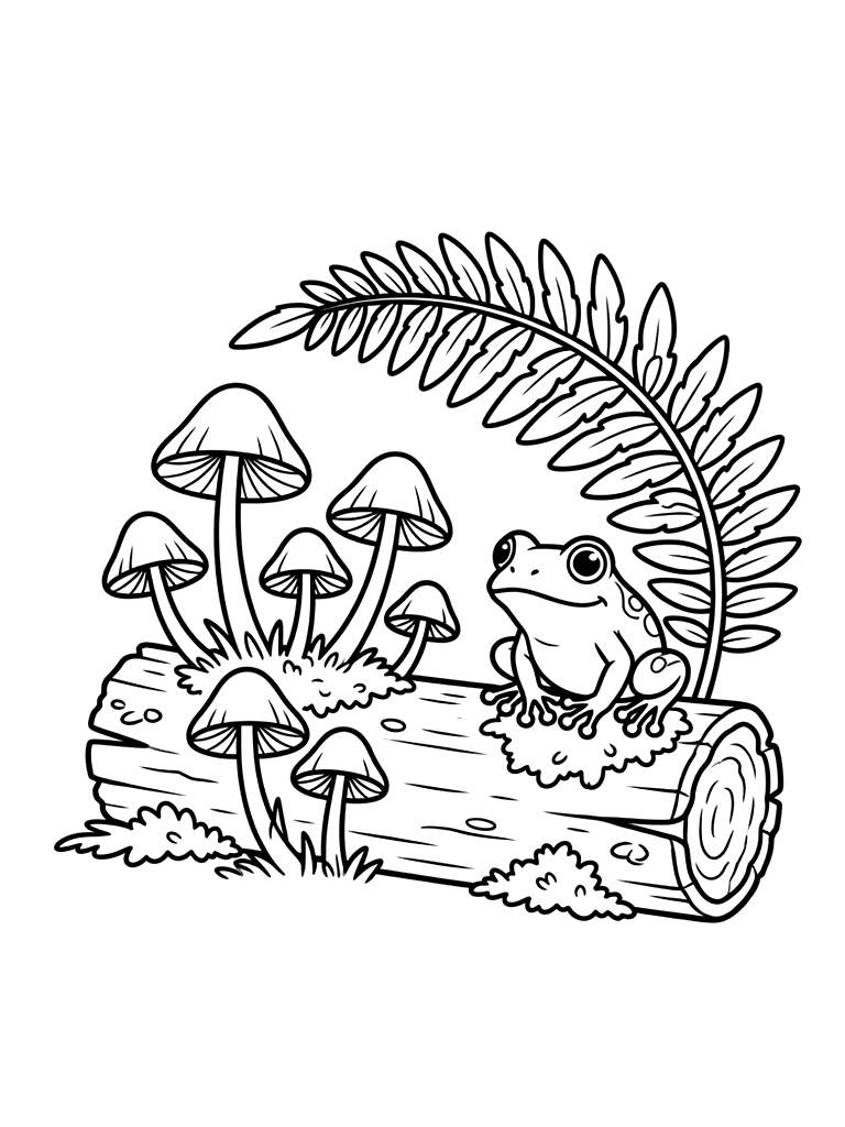 Cluster Of Small Amethyst Deceiver Mushrooms Growing Out Of A Mossy Fallen Log With A Tiny Tree Frog Sitting Underneath A Fern Leaf Coloring Page