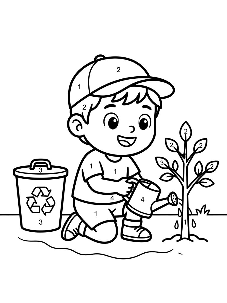 Color By Number Earth Day Scene With A Recycle Bin And A Young Tree Being Watered By A Child Coloring Page