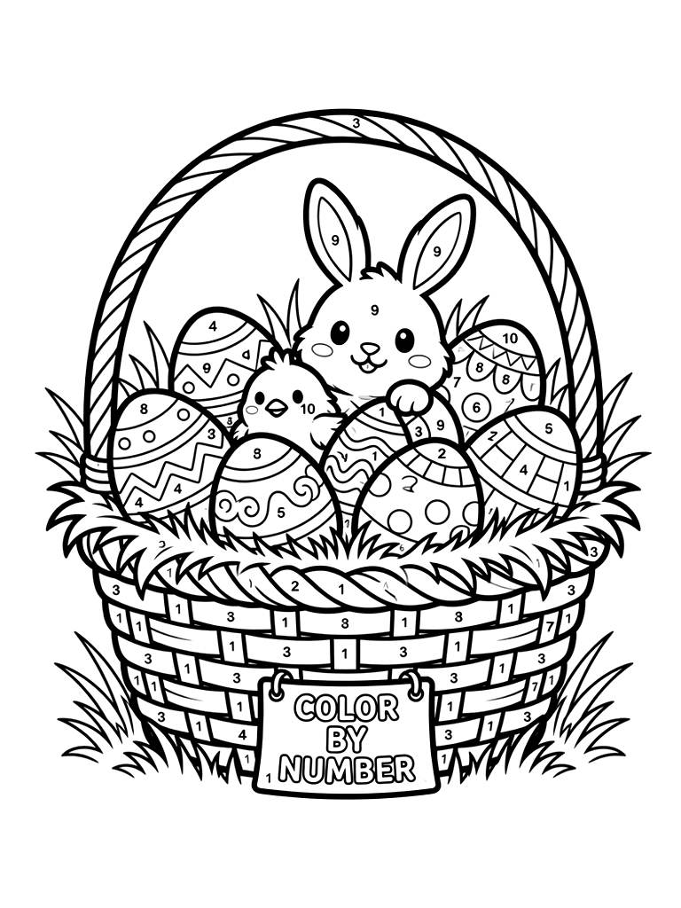 Color By Number Easter Basket With Decorated Eggs And Grass Coloring Page