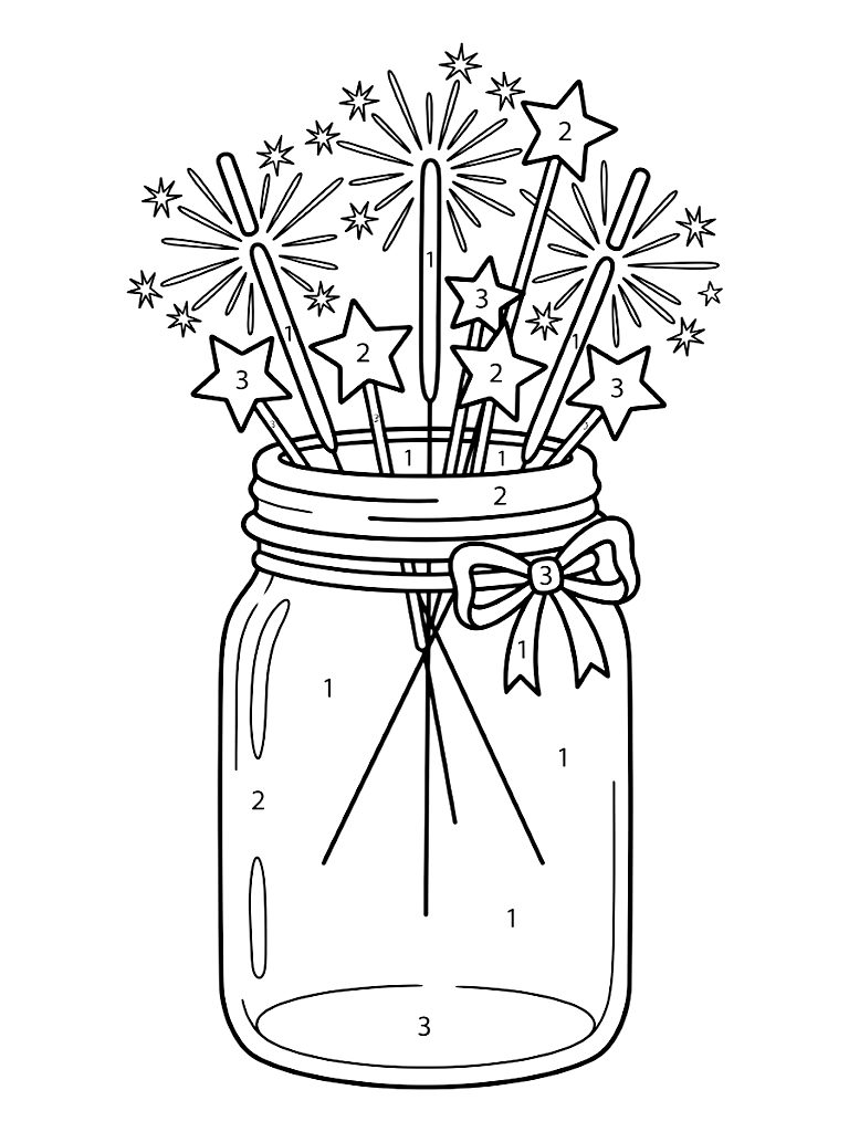 Color By Number Festive Mason Jar Filled With Glowing Sparklers And Star Decorations For Independence Day Celebration Coloring Page