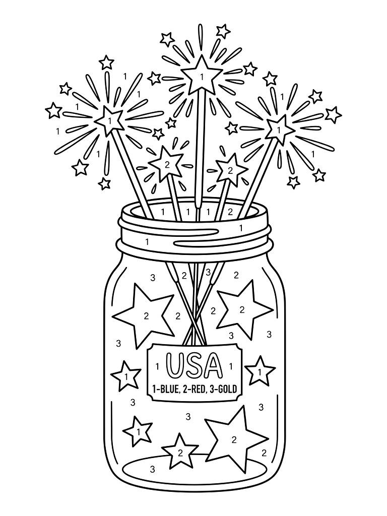 Color By Number Festive Mason Jar Filled With Glowing Sparklers And Star Decorations For Independence Day Celebration Coloring Page