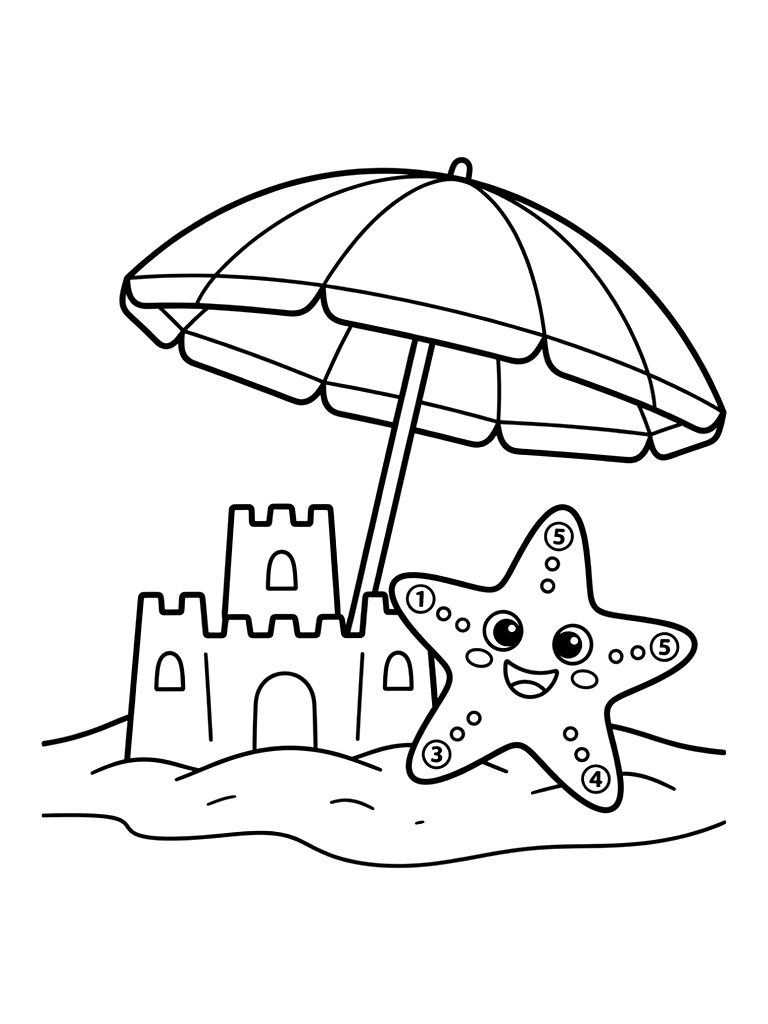 Color By Number Festive Summer Beach Scene With A Striped Beach Umbrella Coloring Page