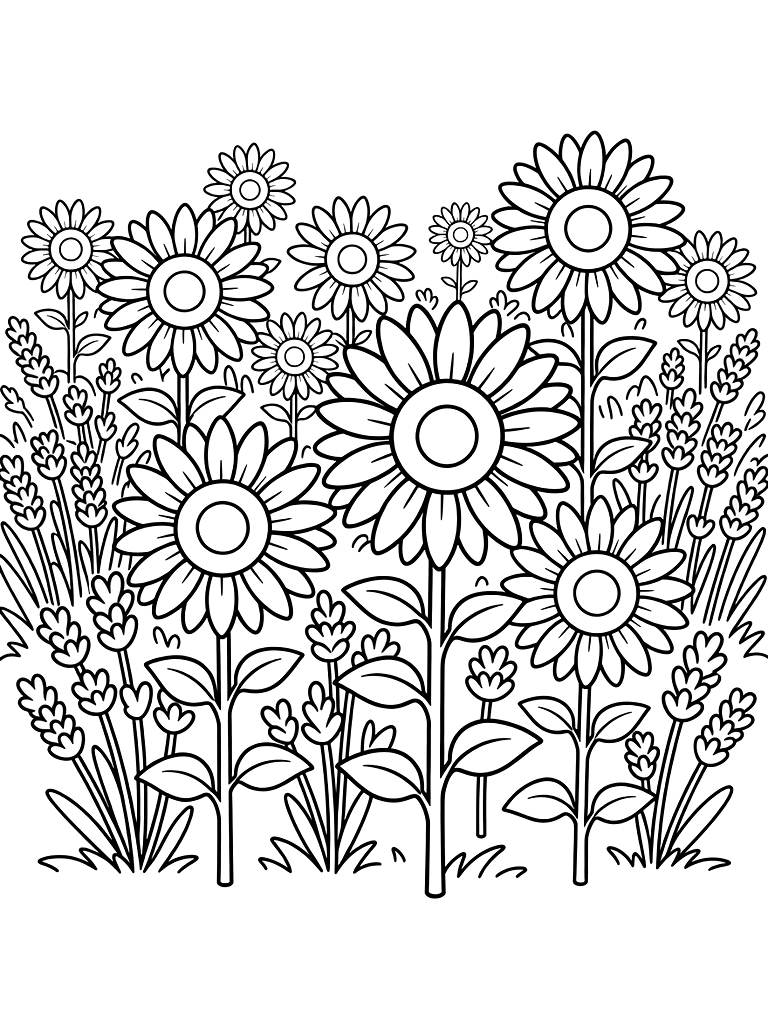 Color By Number Field Of Tall Sunflowers And Purple Lavender Rows Coloring Page