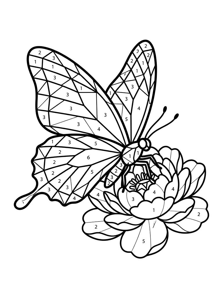 Color By Number Geometric Stained-glass Style Butterfly Resting On A Blooming Pink Peony Flower With Numbered Color Codes Coloring Page