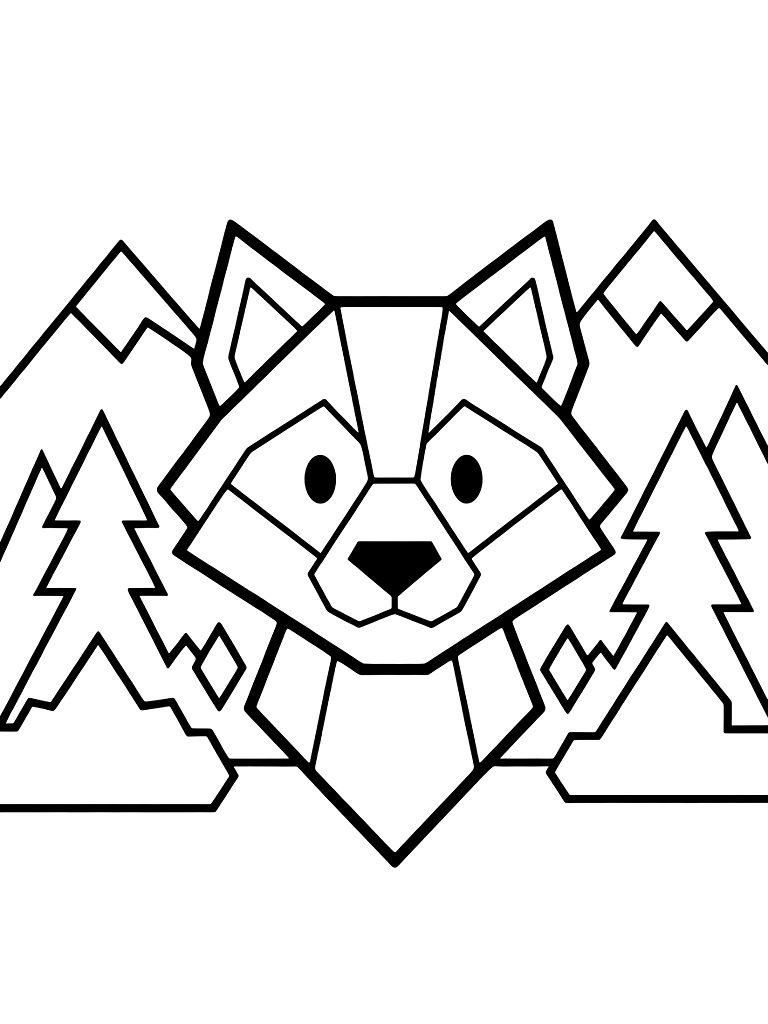 Color By Number Geometric Wolf Head Design With Forest And Mountain Elements Coloring Page