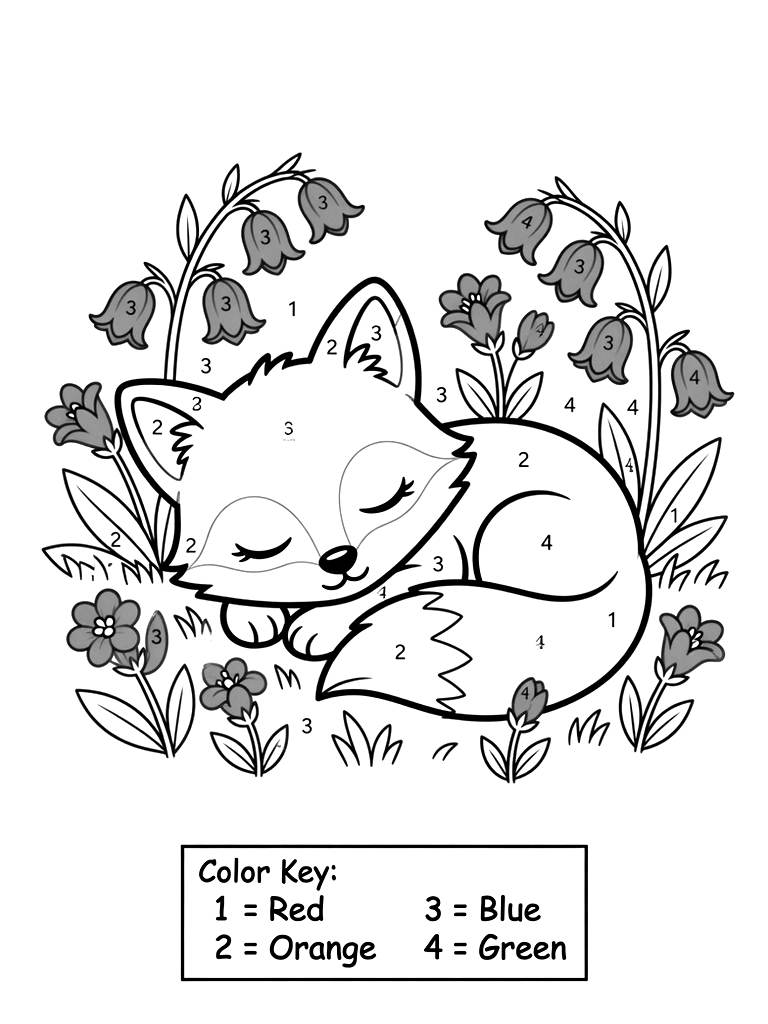 Color By Number Illustration Of A Cute Baby Red Fox Napping In A Field Of Wild Bluebell Flowers With Numbered Color Key Segments Coloring Page
