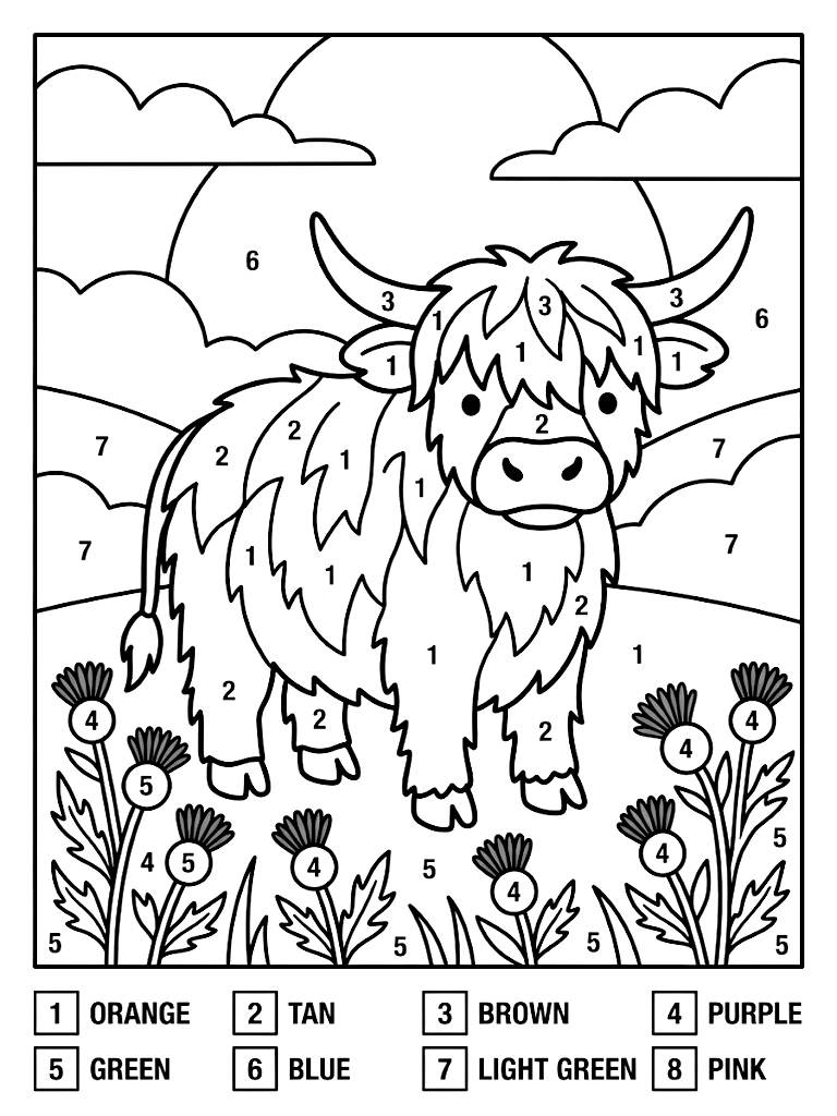 Color By Number Illustration Of A Fluffy Highland Cow Standing In A Field Of Blooming Purple Thistles With Numbered Color Key Segments Coloring Page