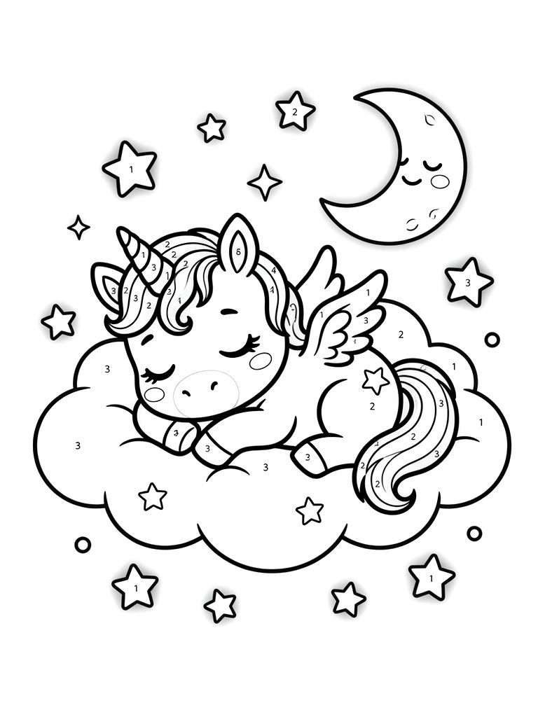 Color By Number Magical Baby Unicorn Sleeping On A Soft Fluffy Cloud Surrounded By Glowing Stars And A Crescent Moon With Numbered Guides Coloring Page