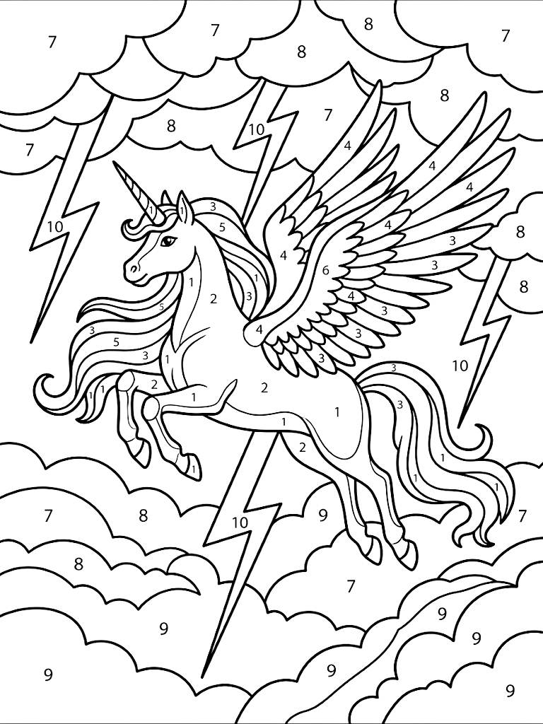 Color By Number Majestic Winged Alicorn Flying Through A Stormy Sky With Lightning Bolts And Numbered Dramatic Shading Coloring Page