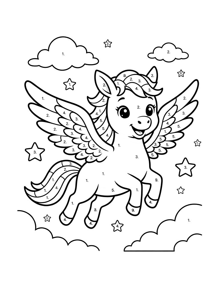 Color By Number Pegasus Flying Through Pastel Clouds And Stars Coloring Page