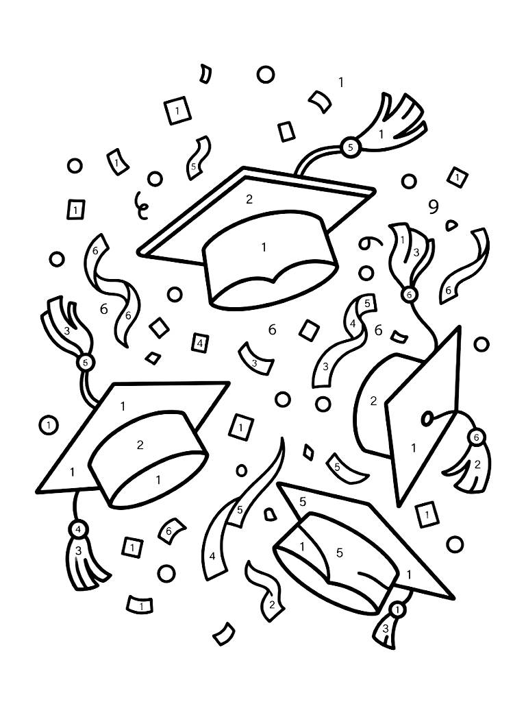 Color By Number Scene Of A Celebratory Graduation Cap Tossed In The Air With Floating Confetti And Numbered Sections Coloring Page