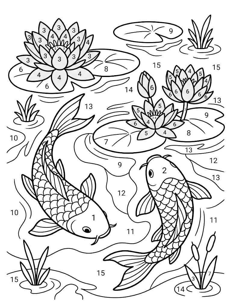 Color By Number Serene Koi Pond Scene Featuring Two Graceful Swimming Fish And Blooming Pink Water Lilies With Clearly Numbered Sections Coloring Page