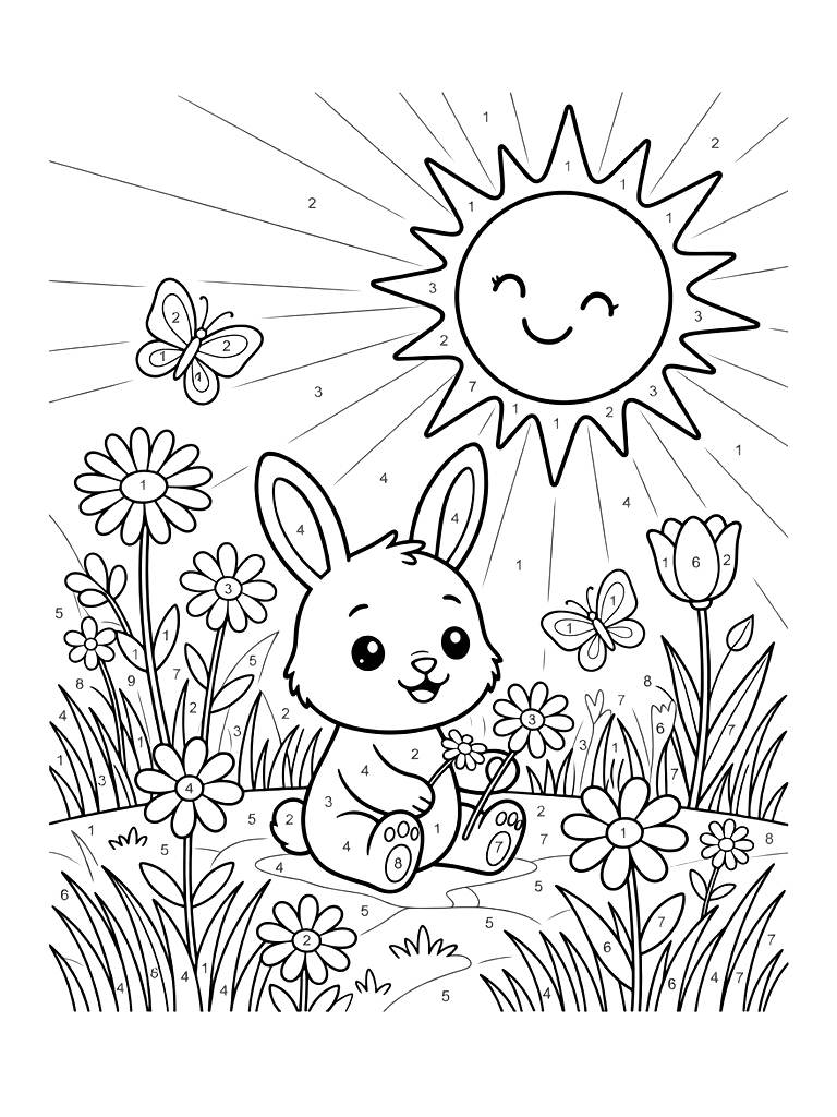 Color By Number Spring Meadow With Wildflowers And A Sun Coloring Page