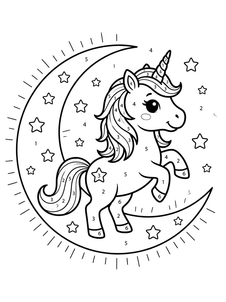 Color By Number Unicorn Standing On A Glowing Crescent Moon With Stars Coloring Page