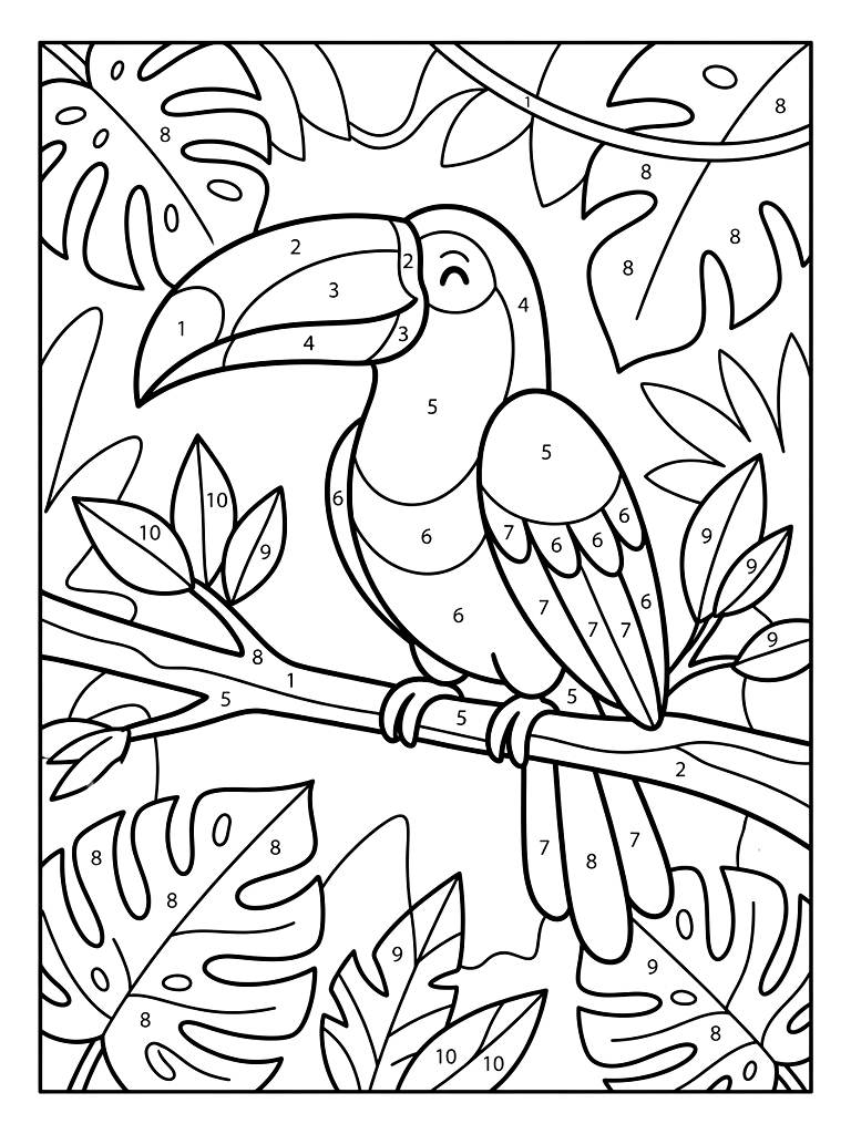 Color By Number Vibrant Toucan Perched On A Jungle Branch Surrounded By Large Split-Leaf Philodendrons With Clear Numbered Segments Coloring Page