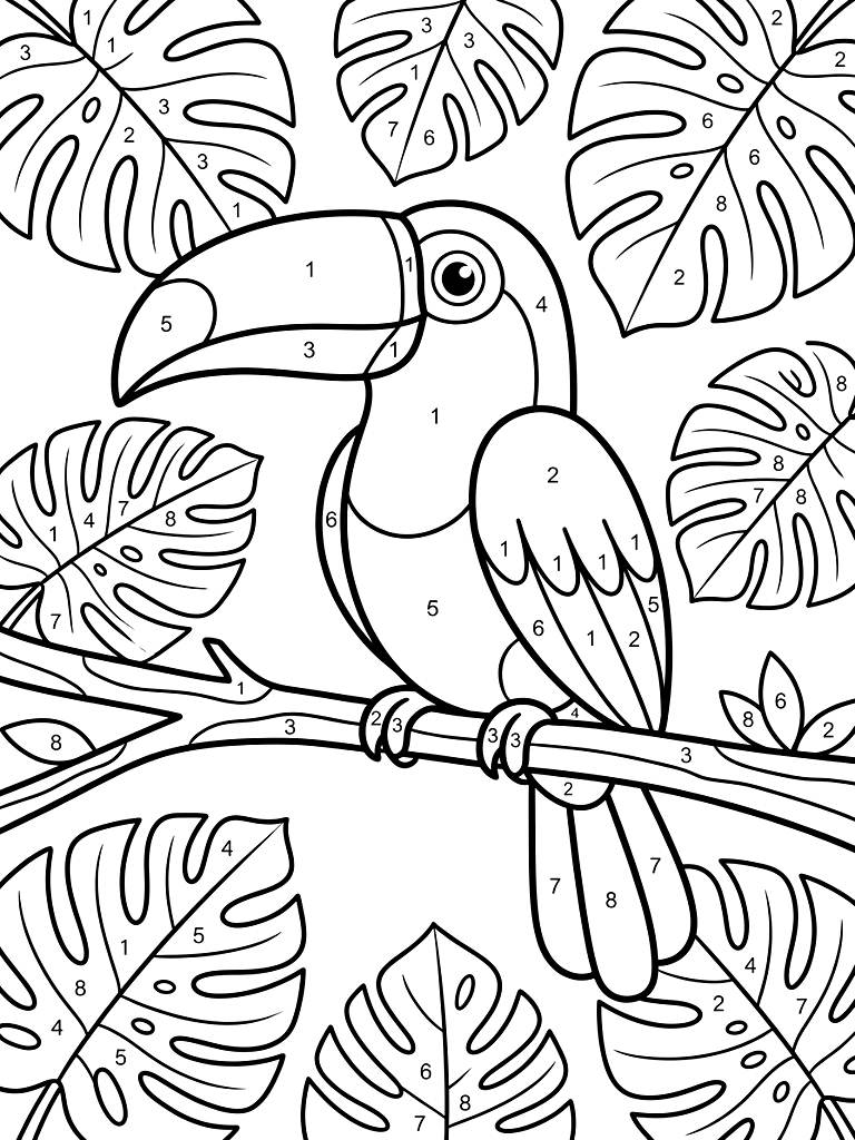 Color By Number Vibrant Toucan Perched On A Jungle Branch Surrounded By Large Split-Leaf Philodendrons With Clear Numbered Segments Coloring Page