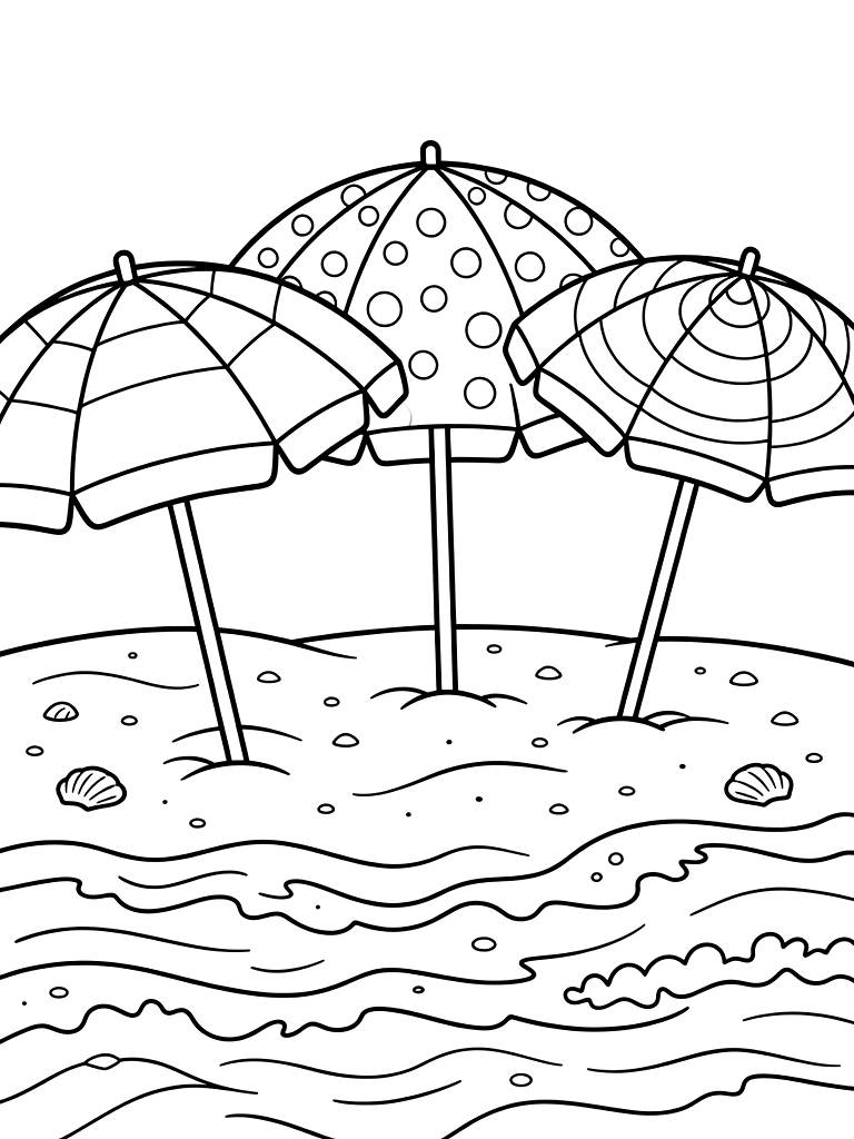 Colorful Beach Umbrellas On A Sandy Shore With Ocean Waves Coloring Page