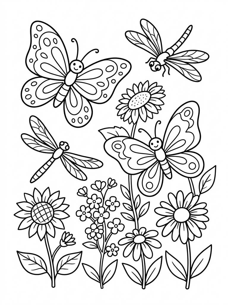Colorful Butterflies And Dragonflies In A Summer Garden Coloring Page