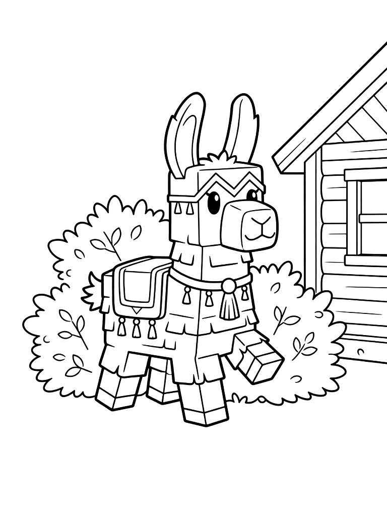 Colorful Fortnite Loot Llama Pinata Hidden In A Thicket Of Bushes Near A Wooden Cabin Coloring Page