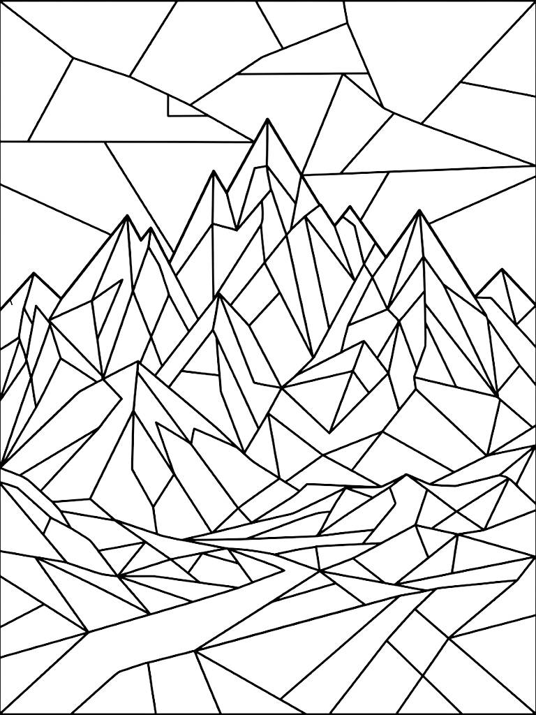 Complex Geometric Composition Of Intersecting Triangles And Polygons Forming The Shape Of A Majestic Mountain Range In A Stained-Glass Style Coloring Page