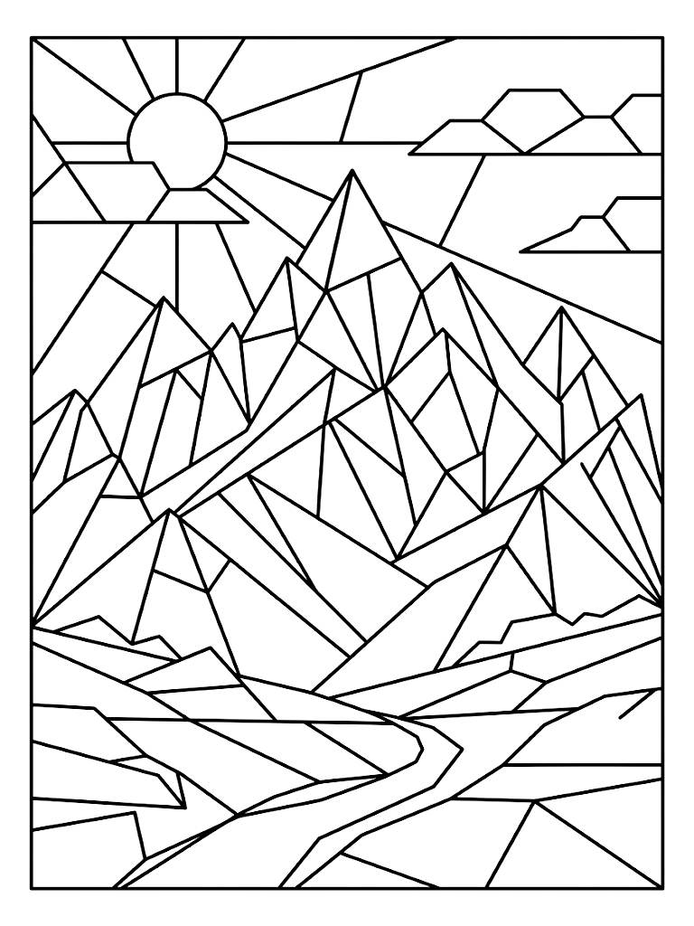 Complex Geometric Composition Of Intersecting Triangles And Polygons Forming The Shape Of A Majestic Mountain Range In A Stained-Glass Style Coloring Page