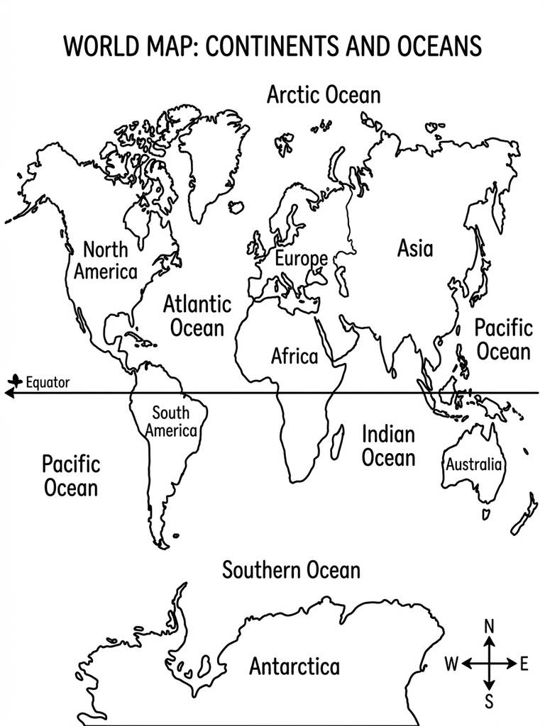 Continents And Oceans Labeling Map Coloring Page