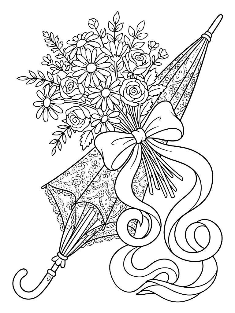 Coquette Aesthetic Wildflower Bouquet Tied With A Massive Trailing Silk Bow Resting On A Vintage Lace Parasol Coloring Page