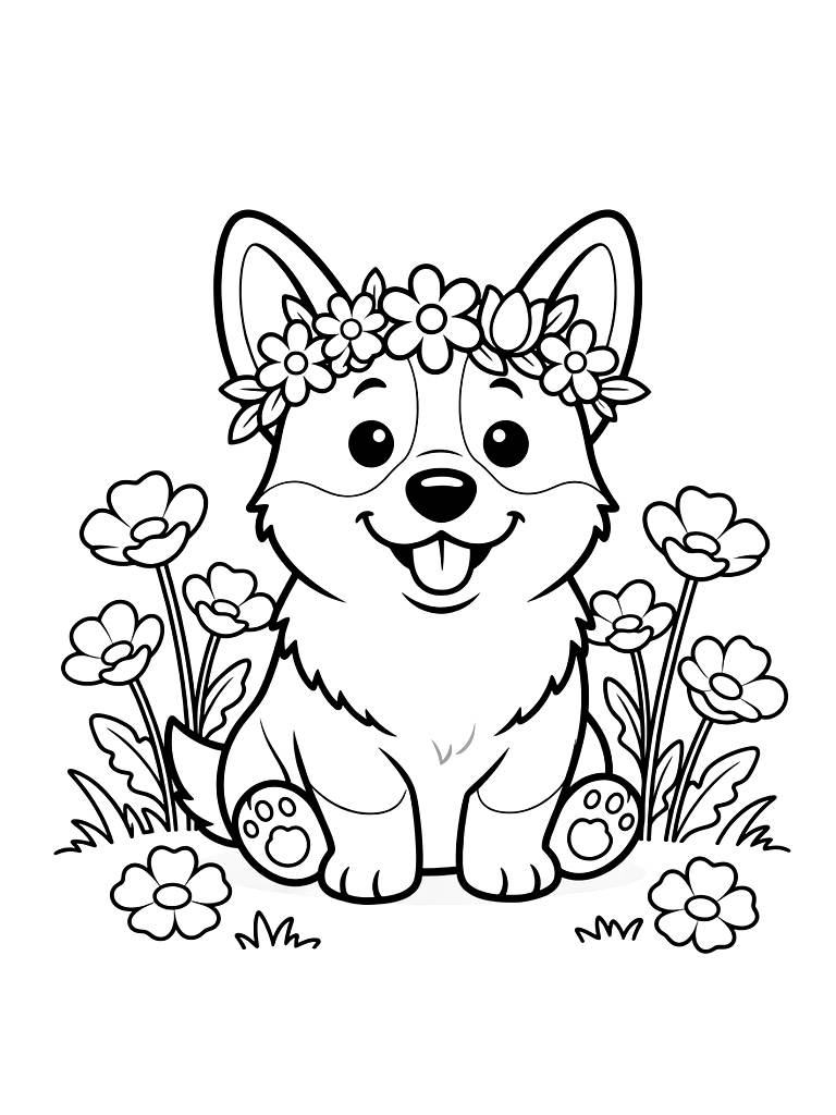 Corgi Wearing A Flower Crown Sitting In A Field Of Yellow Buttercups Coloring Page